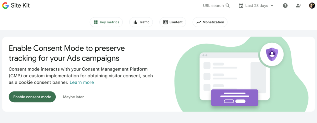 The consent mode banner when Site Kit has detected ads are in use