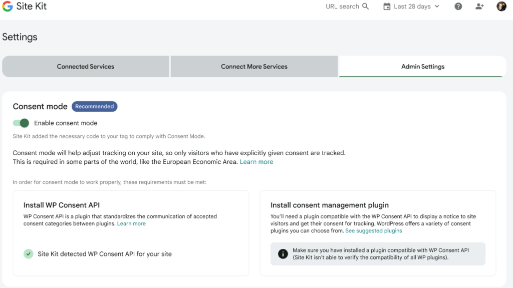 Consent mode enabled in the admin settings with WP Consent API installed