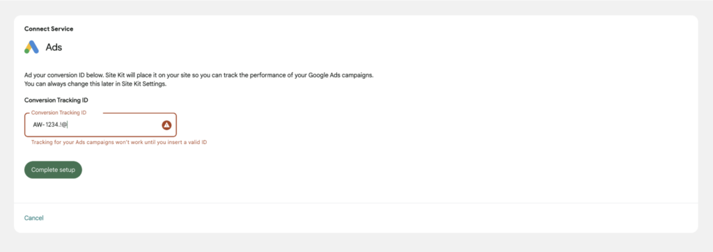 A screenshot depicting a notice that appears when an invalid Ads Conversion ID is entered