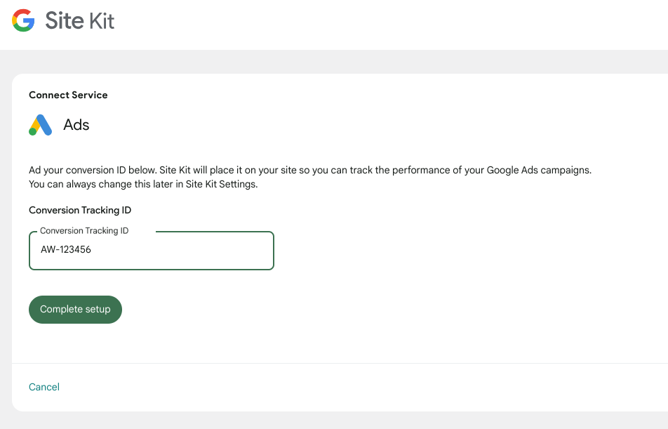 Entering your Conversion Tracking ID before completing setup