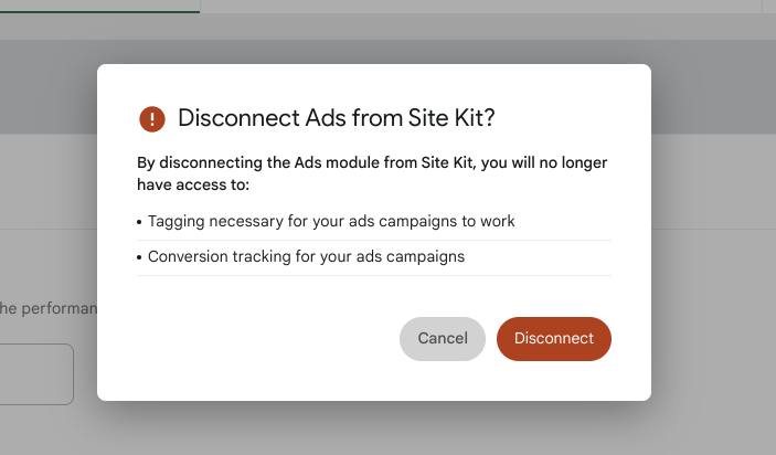 The modal displayed when disconnecting Ads