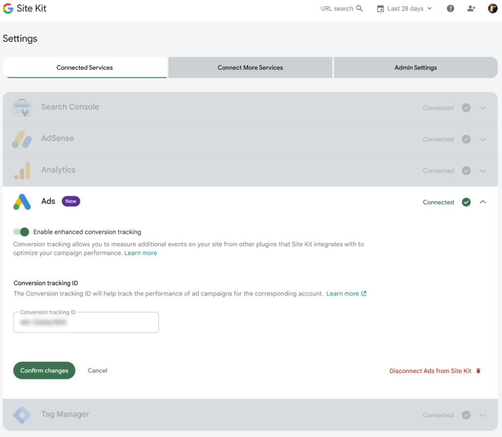 Editing the Ads settings to enable the enhanced conversion tracking toggle