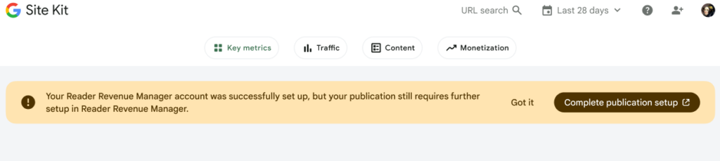 Successful setup in Site Kit, incomplete publication setup in Publisher Center
