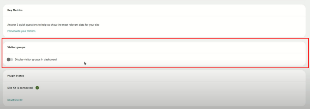 A screenshot of the visitor groups  options within the Site Kit settings screen, toggled off