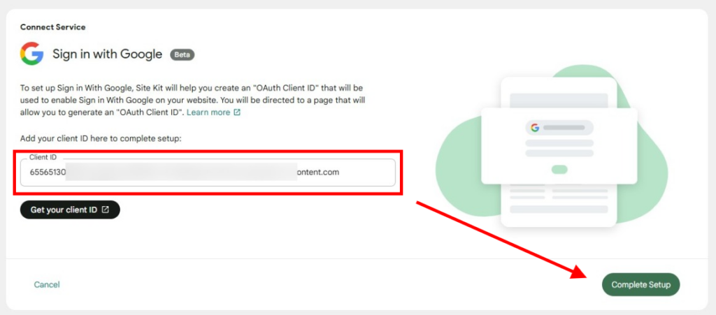 A screenshot of the set up page within Site Kit, highlighting the area to paste your Client ID and the button to proceed