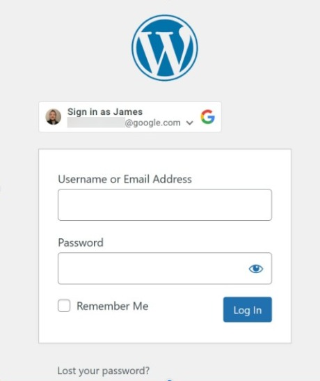 A screenshot of the Sign in with Google option on the WordPress login page, highlighting a previously logged in Google account