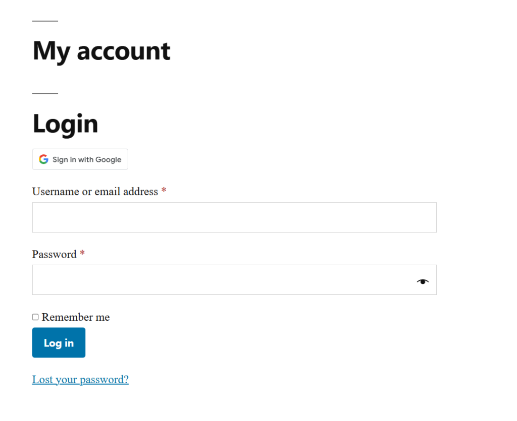 A screenshot of the Sign in with Google option on a WooCommerce login page