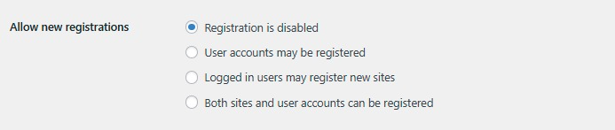 A screenshot of the WordPress “Allow new registrations” setting on a multisite network 