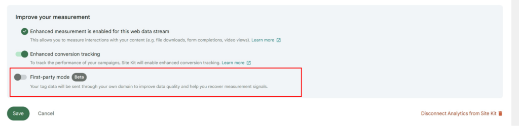 A screenshot of the Enable First-party mode configuration within Google Analytics settings