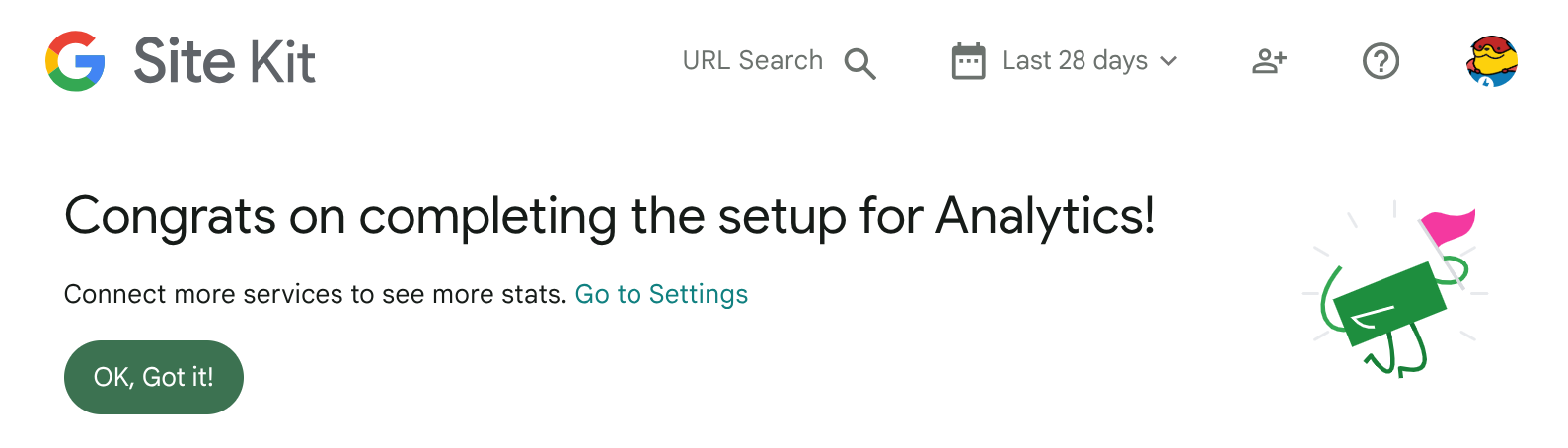 A screenshot of the congratulations screen after completing Analytics set up